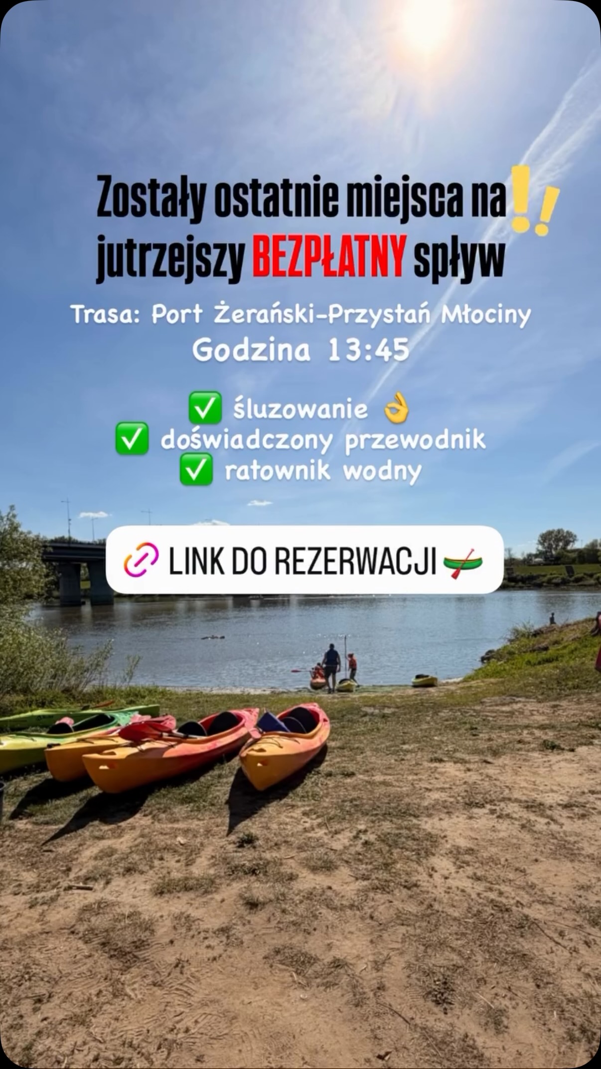 Link do rezerwacji w komentarzu. 
Zapraszamy na jutrzejszy spływ, sobota 29.08 godzina 13:45! 🛶🌊〰️  #chodznakajak #kajakwstolicy #warszawa #wisła #kajaki